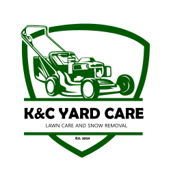 K&C Yard Care Logo showing a lawnmower with the business name in green with a subtitle of lawn care and snow rlemoval